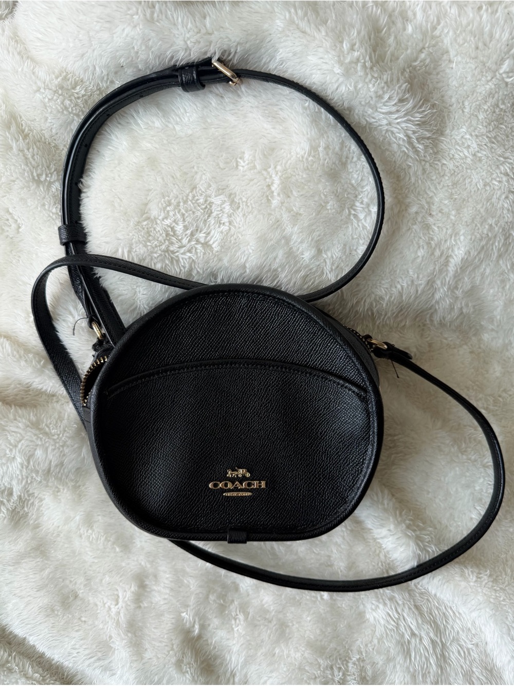 Coach Black Pebbled Leather Round Crossbody Bag with Gold Logo